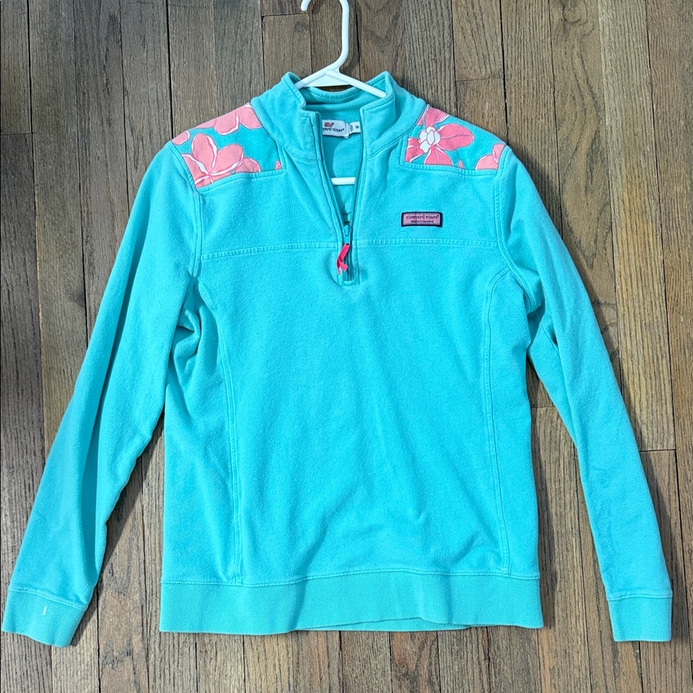 Vineyard Vines Turquoise and Pink Quarter-Zip Sweater